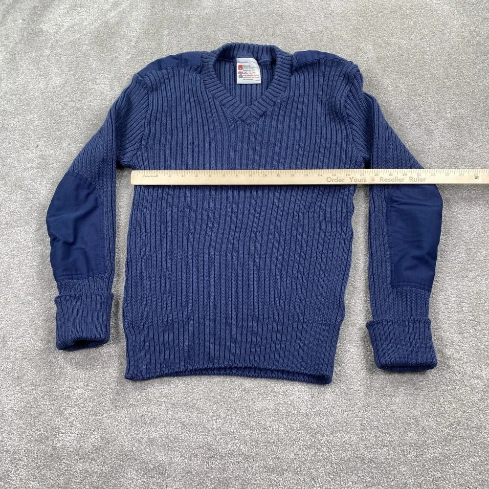 Brigade Quartermasters Wool Pullover Men L 42 Dark Blue V-Neck Elbow Patches